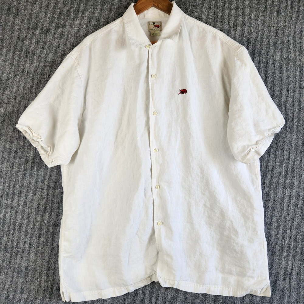 Perlis Shirt Mens XL White 100% Linen Short Sleeve Button Down Crawfish Logo